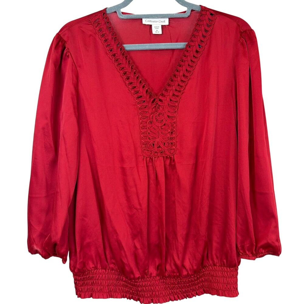 NWT Coldwater Creek Red Ruffled 3 4 Sleeve V Neck Smocked Top M